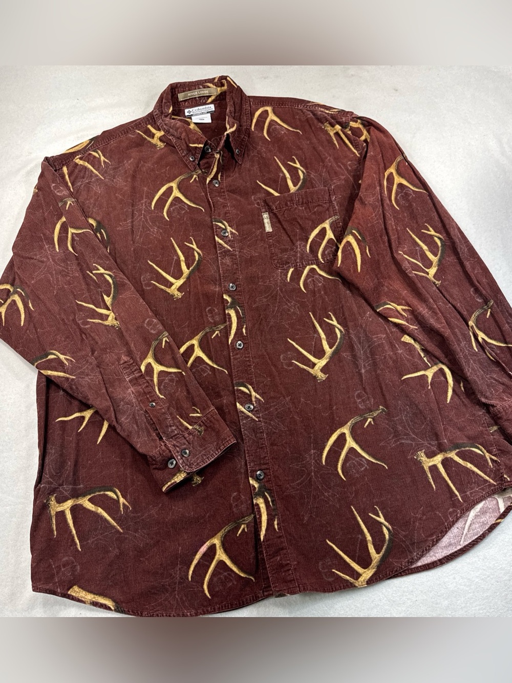 Columbia Brown Antler and Leaf Print River Lodge Corduroy Button Down Shirt XXL
